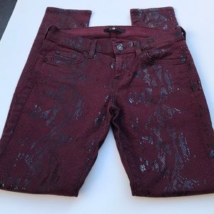 7 For All Mankind Burgundy Snake Skinny Jeans